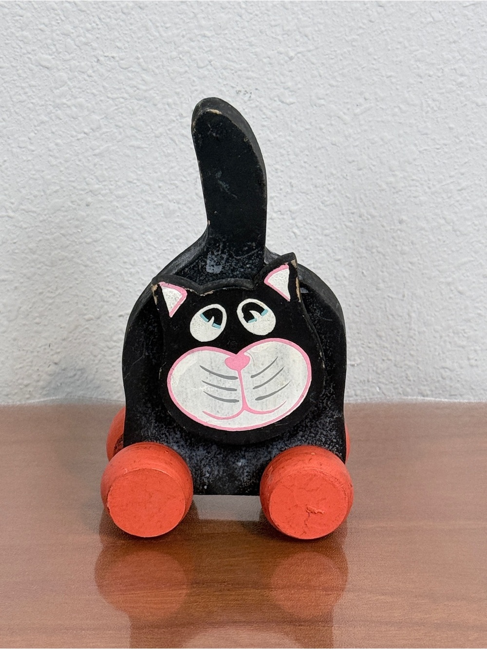 Vintage Wooden Hand-Painted Cat with Orange Rolling Feet Halloween Decor